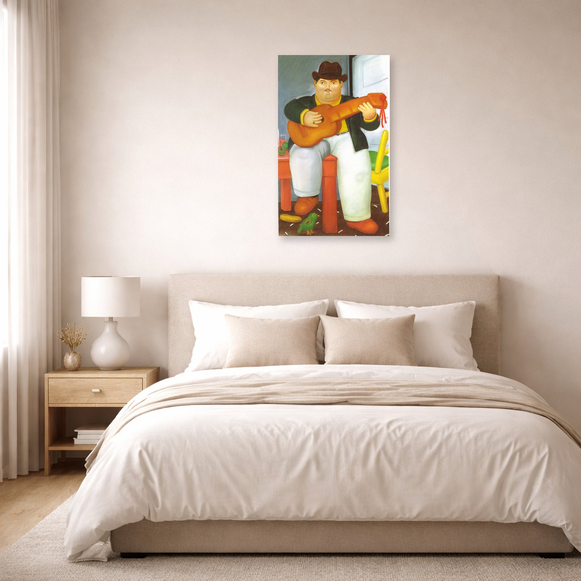 Unframed poster print of Fernando Botero's Man with a Guitar displayed on a wall in a bedroom