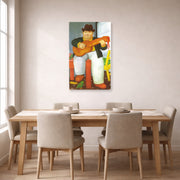 Unframed poster print of Fernando Botero's Man with a Guitar displayed on a wall in a dining room