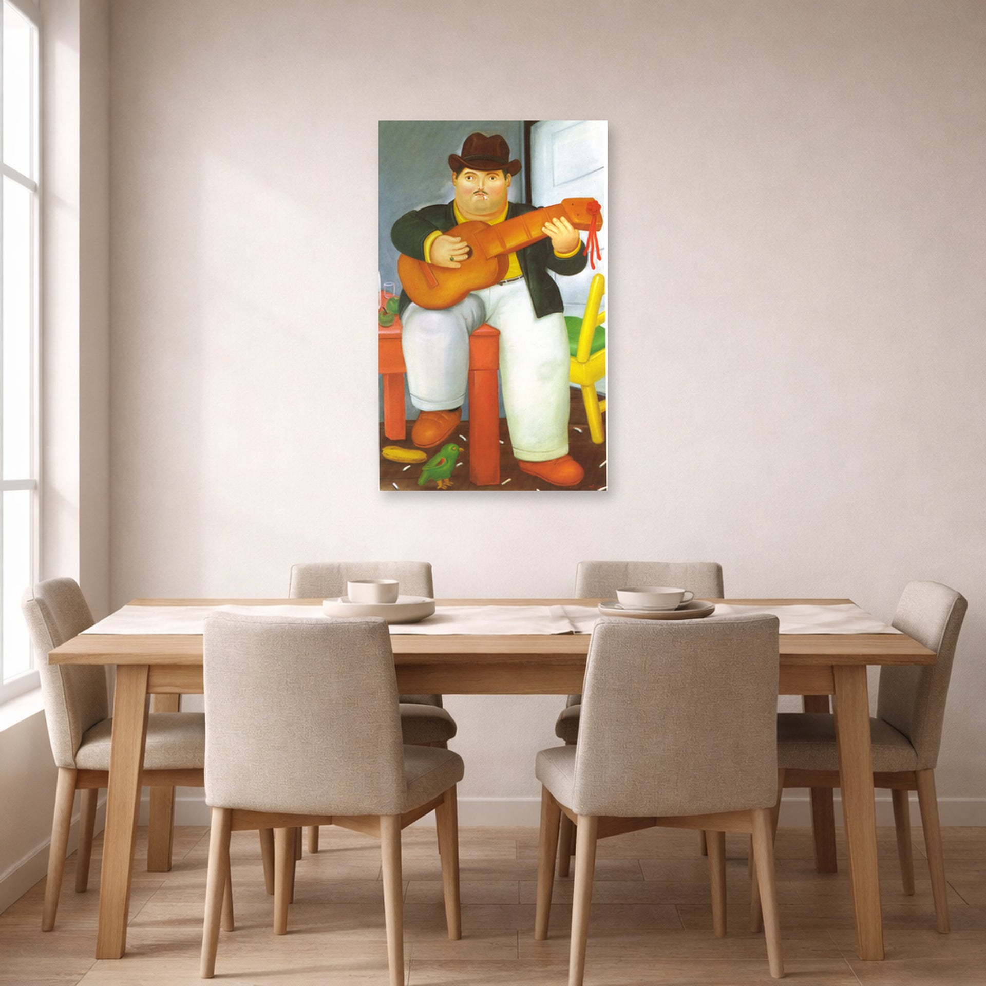 Unframed poster print of Fernando Botero's Man with a Guitar displayed on a wall in a dining room