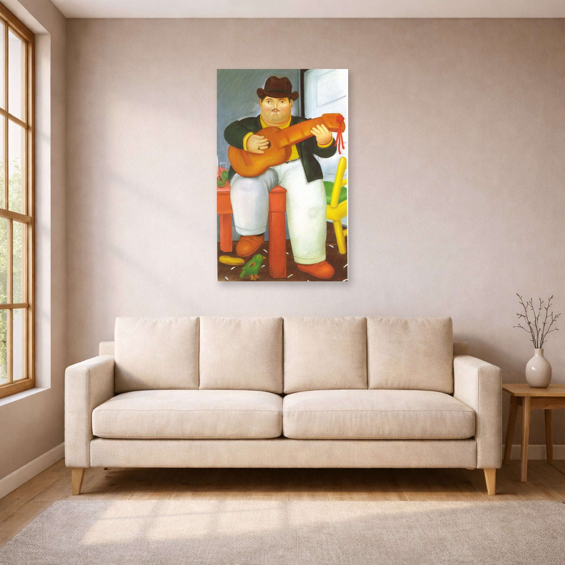 Unframed poster print of Fernando Botero's Man with a Guitar displayed on a wall in a living room