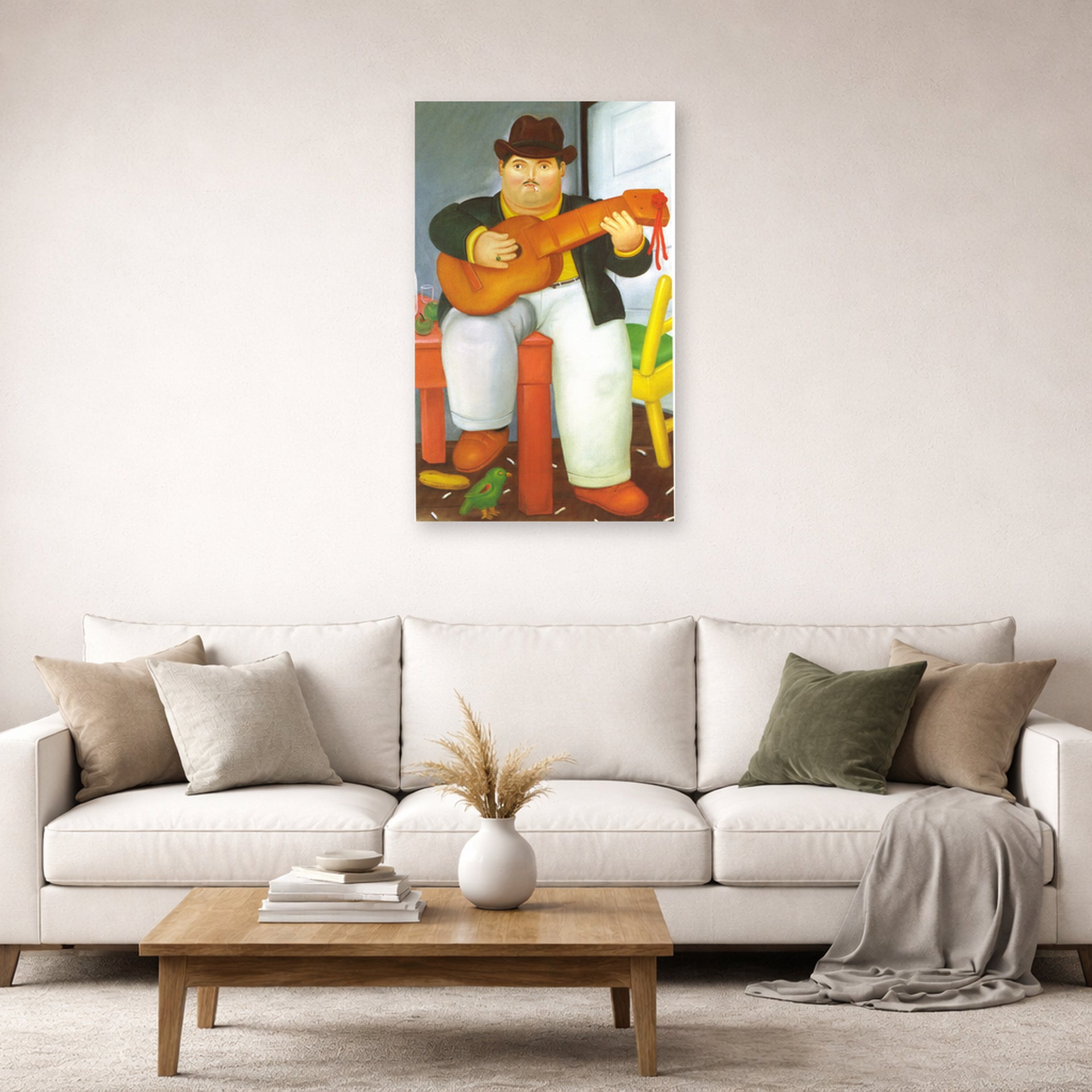 Unframed poster print of Fernando Botero's Man with a Guitar displayed on a wall in a living room