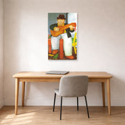 Unframed poster print of Fernando Botero's Man with a Guitar displayed on a wall in a home office