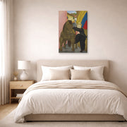 Gallery-wrapped canvas print of Fernando Botero's Man and Horse displayed on a wall in a bedroom
