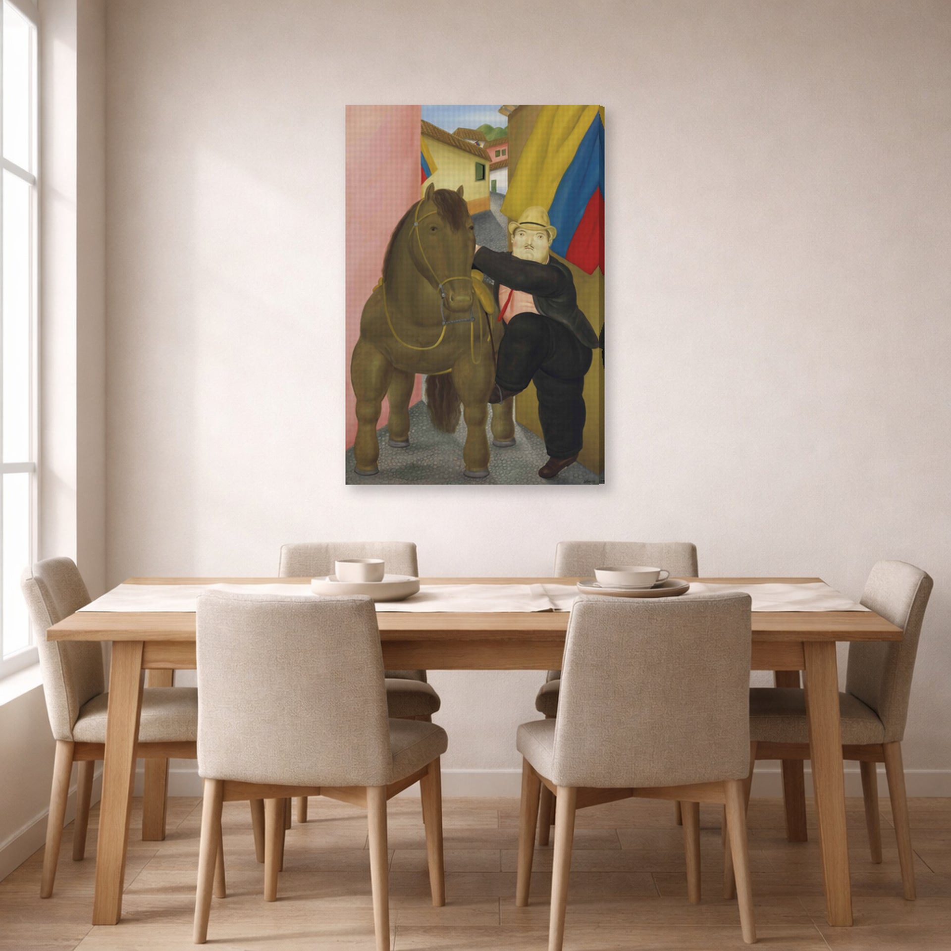 Gallery-wrapped canvas print of Fernando Botero's Man and Horse displayed on a wall in a dining room