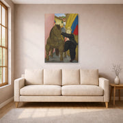 Gallery-wrapped canvas print of Fernando Botero's Man and Horse displayed on a wall in a living room