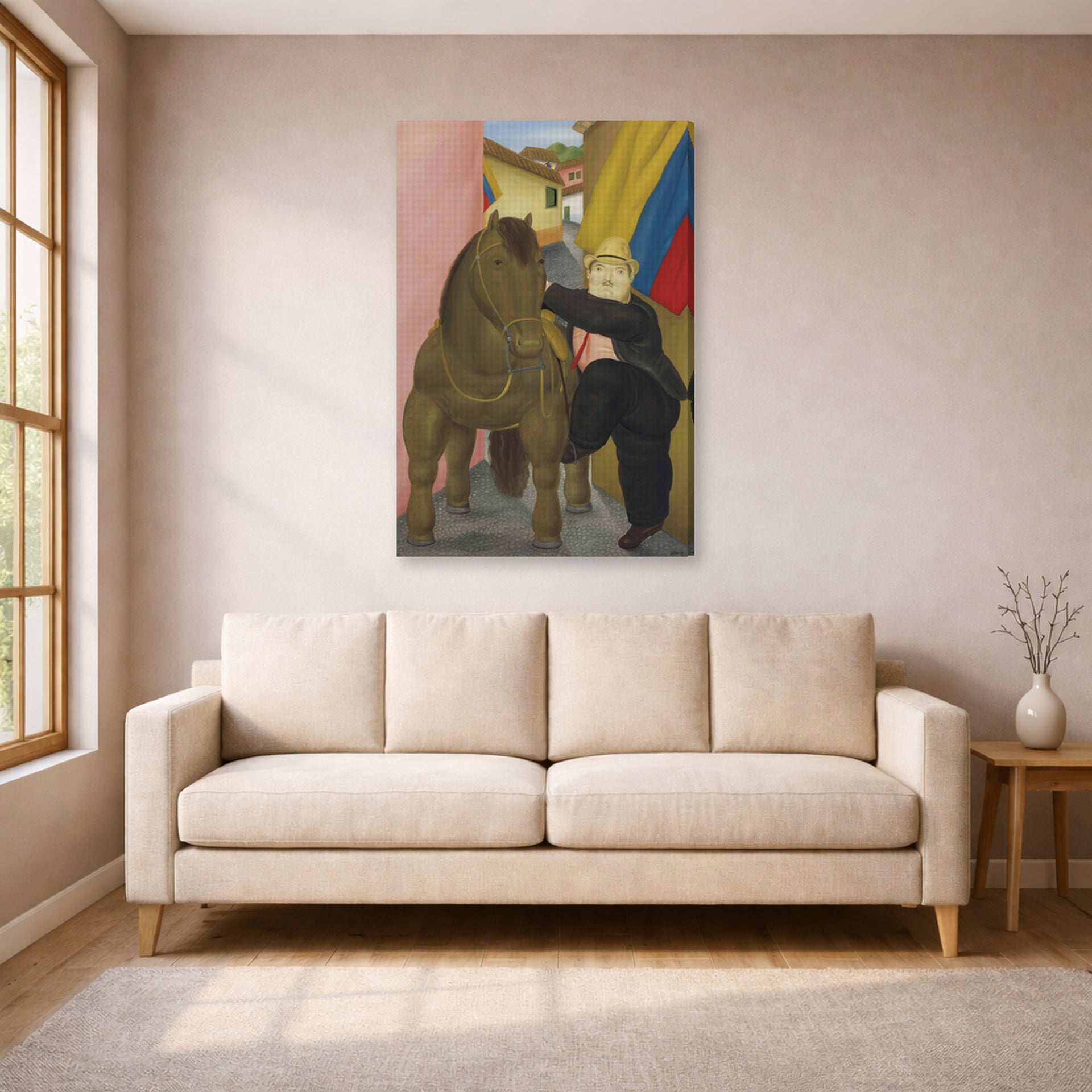 Gallery-wrapped canvas print of Fernando Botero's Man and Horse displayed on a wall in a living room