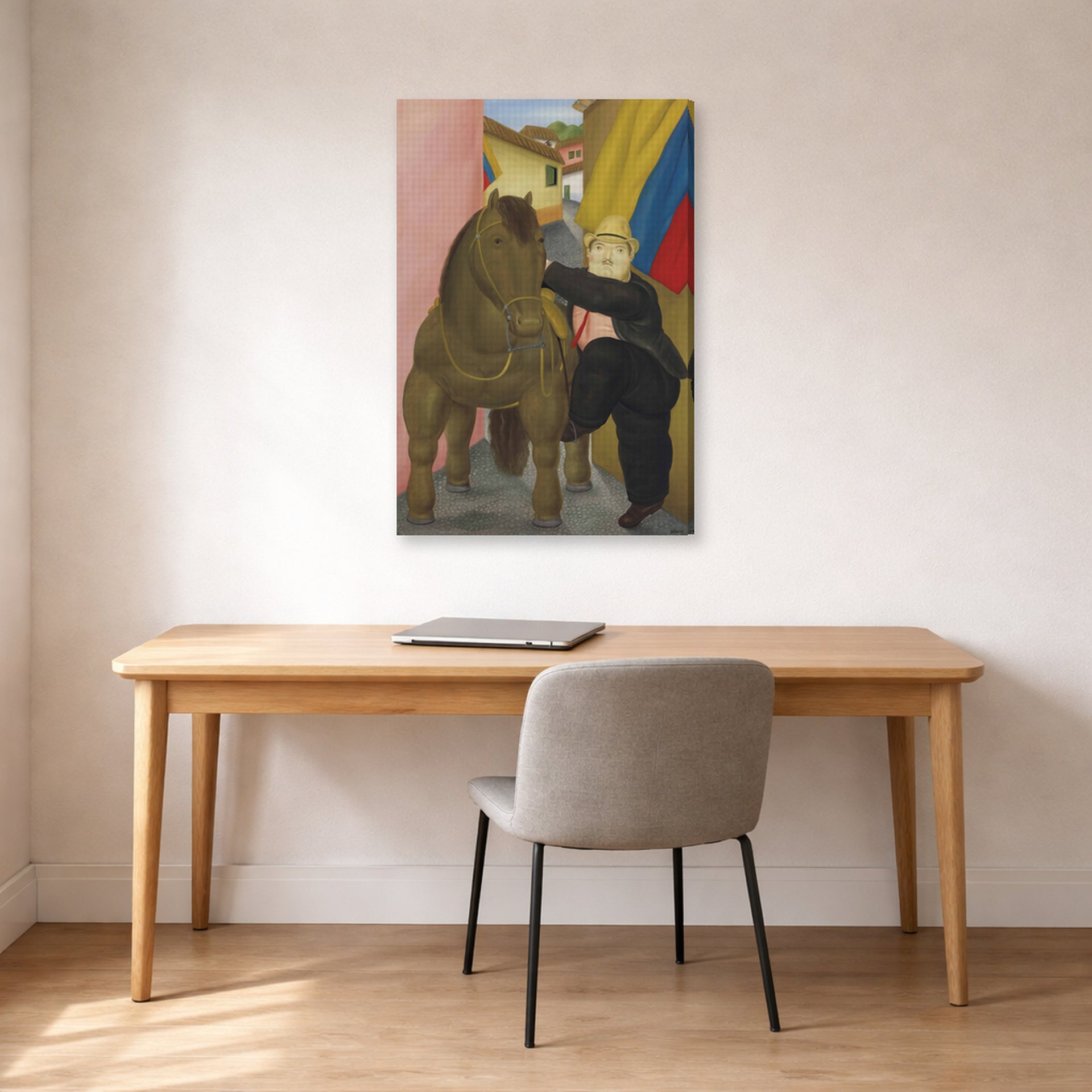 Gallery-wrapped canvas print of Fernando Botero's Man and Horse displayed on a wall in a home office