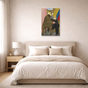 Unframed poster print of Fernando Botero's Man and Horse displayed on a wall in a bedroom