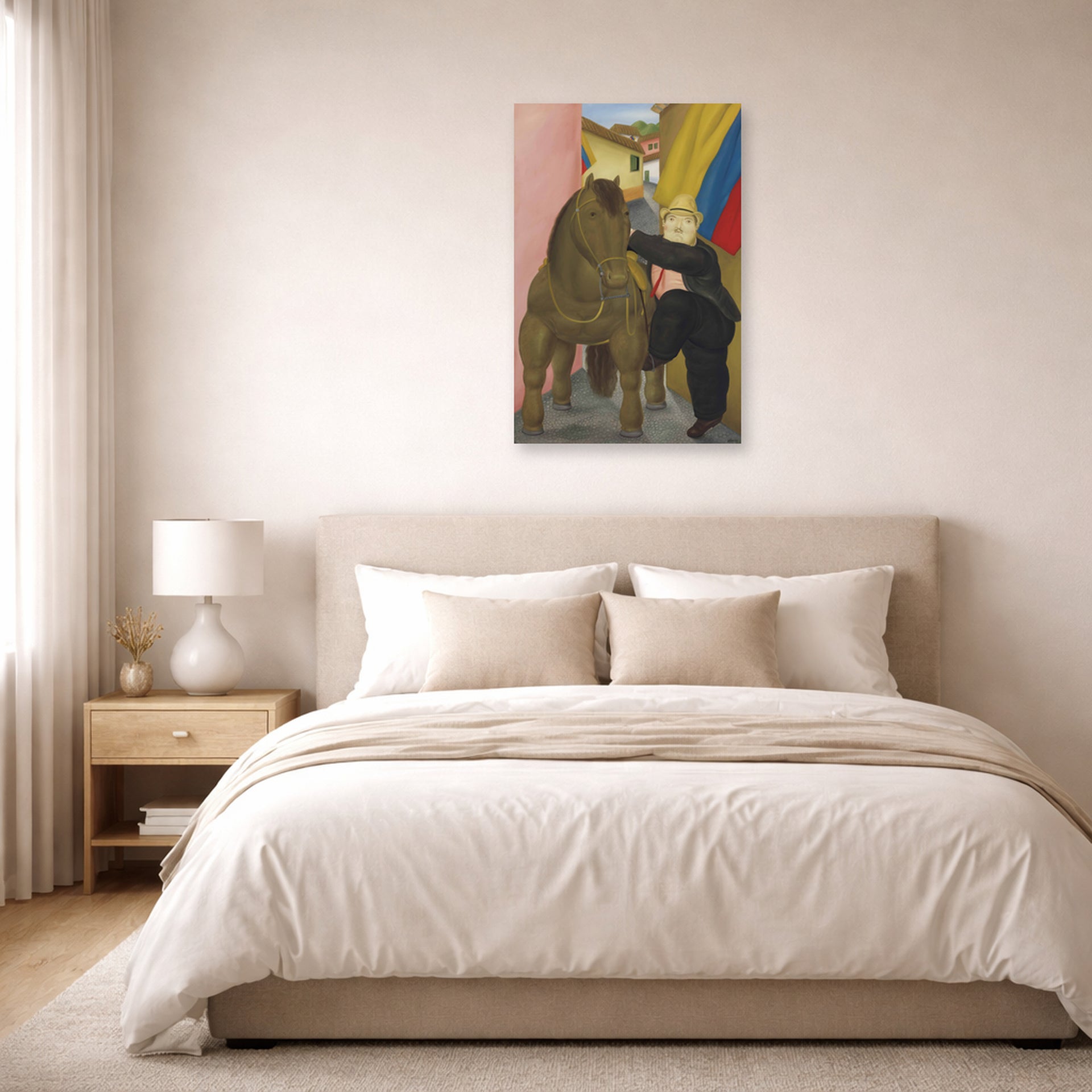 Unframed poster print of Fernando Botero's Man and Horse displayed on a wall in a bedroom