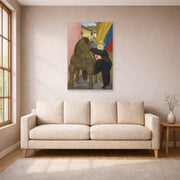 Unframed poster print of Fernando Botero's Man and Horse displayed on a wall in a living room