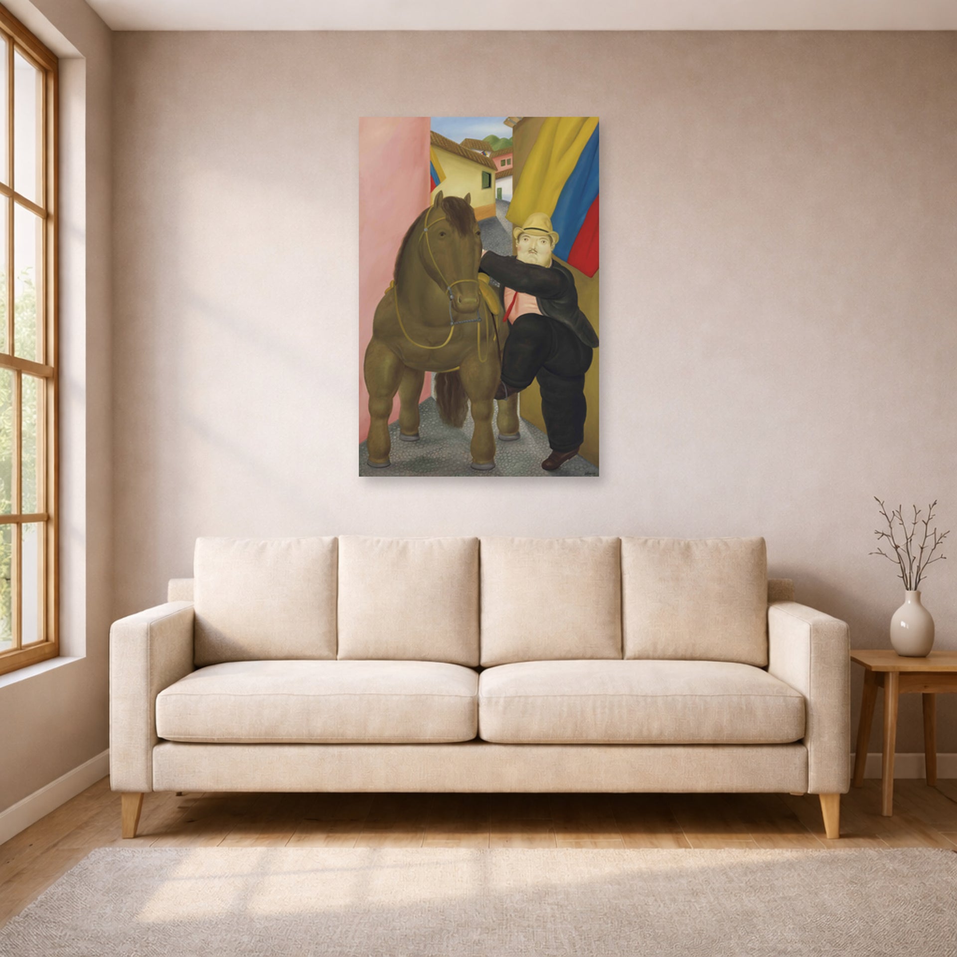 Unframed poster print of Fernando Botero's Man and Horse displayed on a wall in a living room