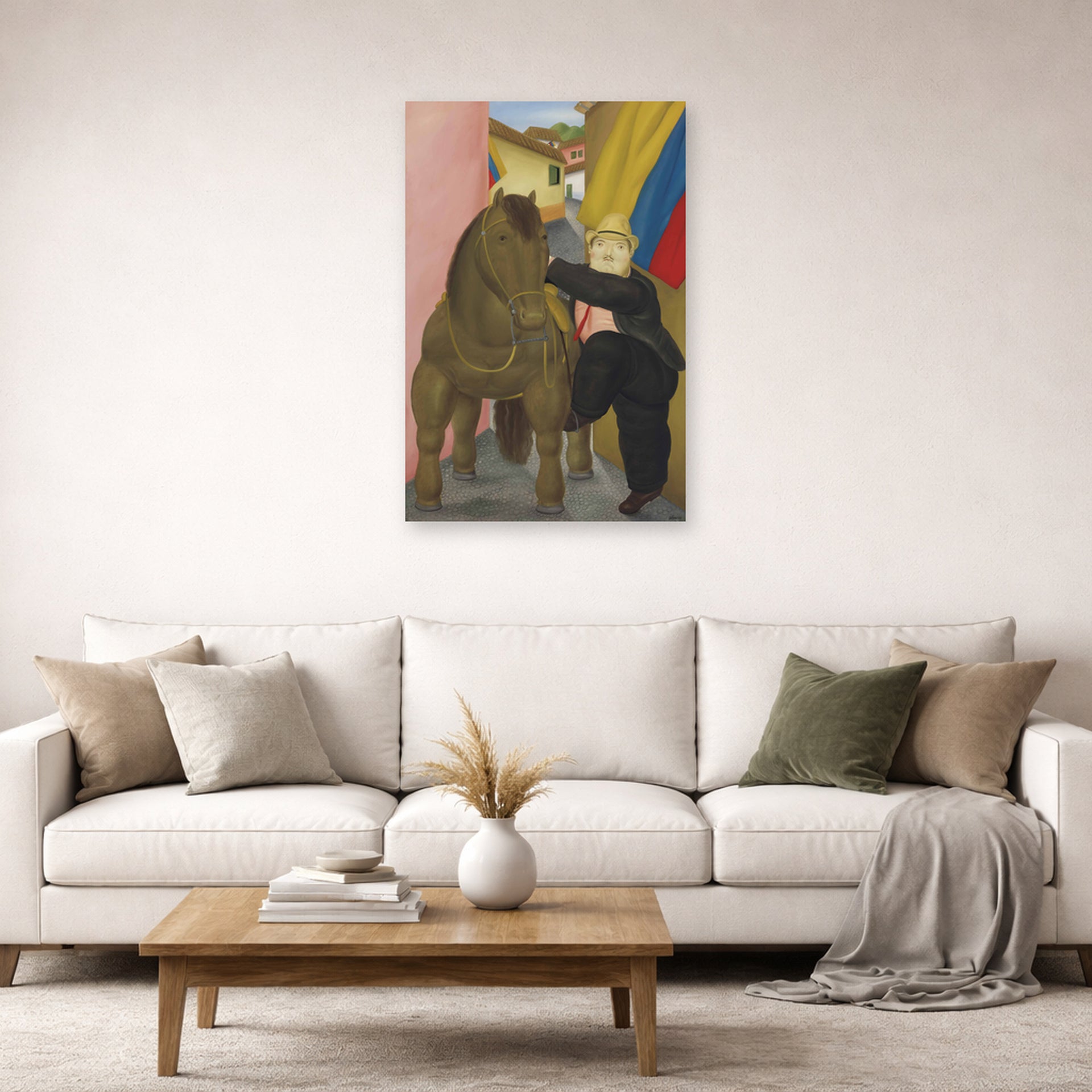 Unframed poster print of Fernando Botero's Man and Horse displayed on a wall in a living room