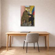Unframed poster print of Fernando Botero's Man and Horse displayed on a wall in a home office