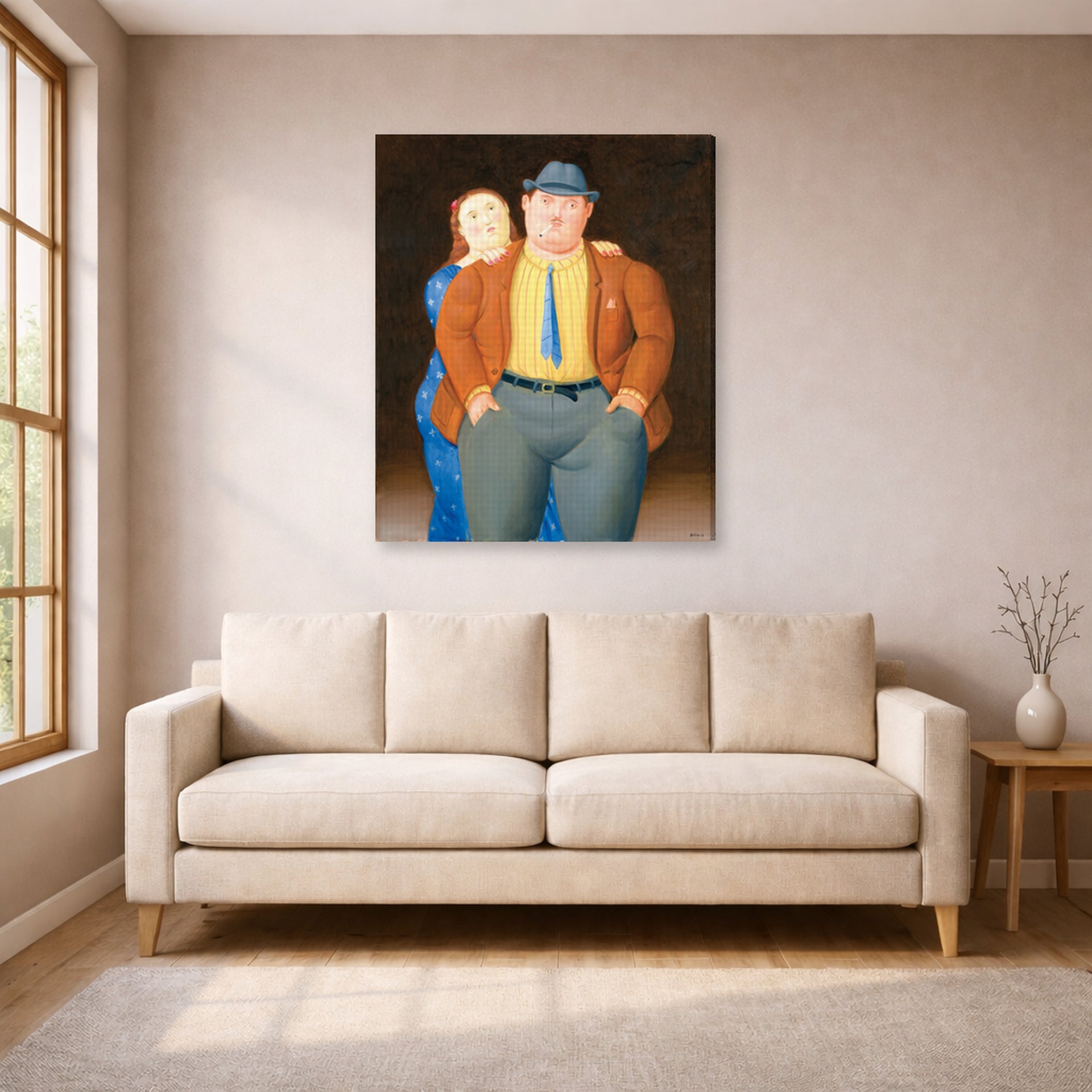 Gallery-wrapped canvas print of Fernando Botero's Man and Woman displayed on a wall in a living room