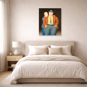 Unframed poster print of Fernando Botero's Man and Woman displayed on a wall in a bedroom