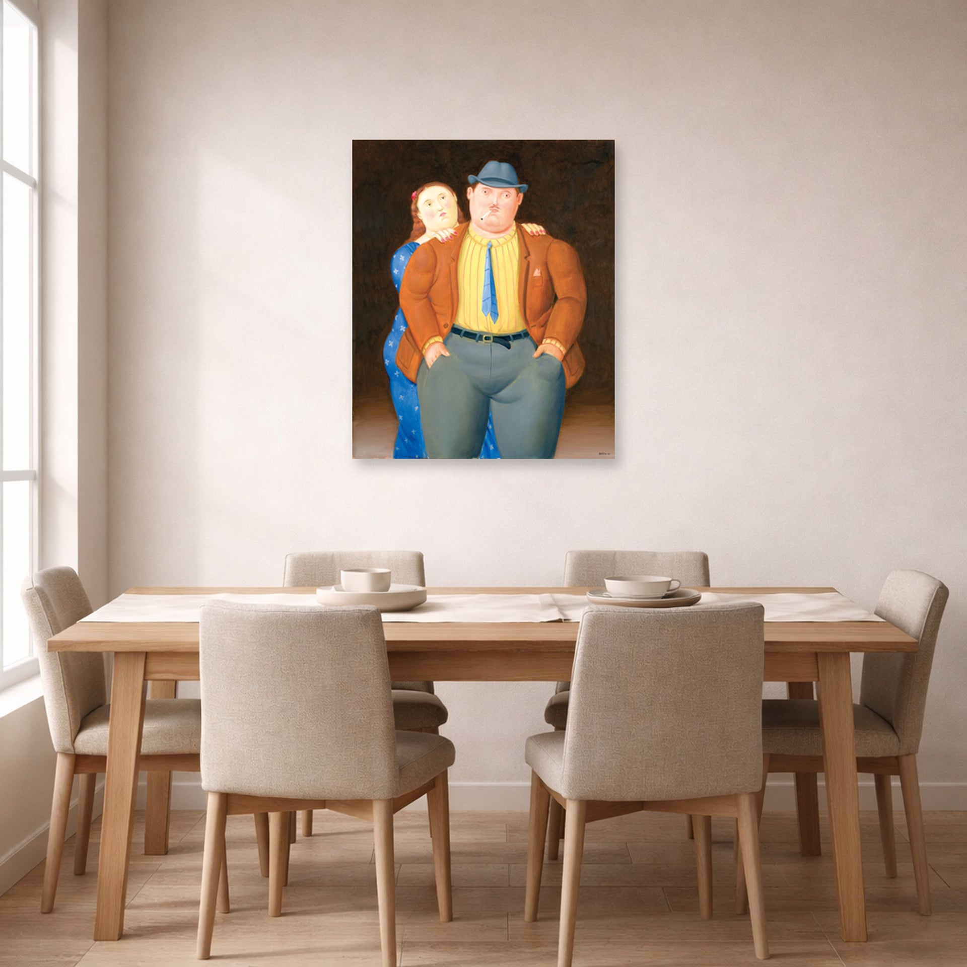 Unframed poster print of Fernando Botero's Man and Woman displayed on a wall in a dining room