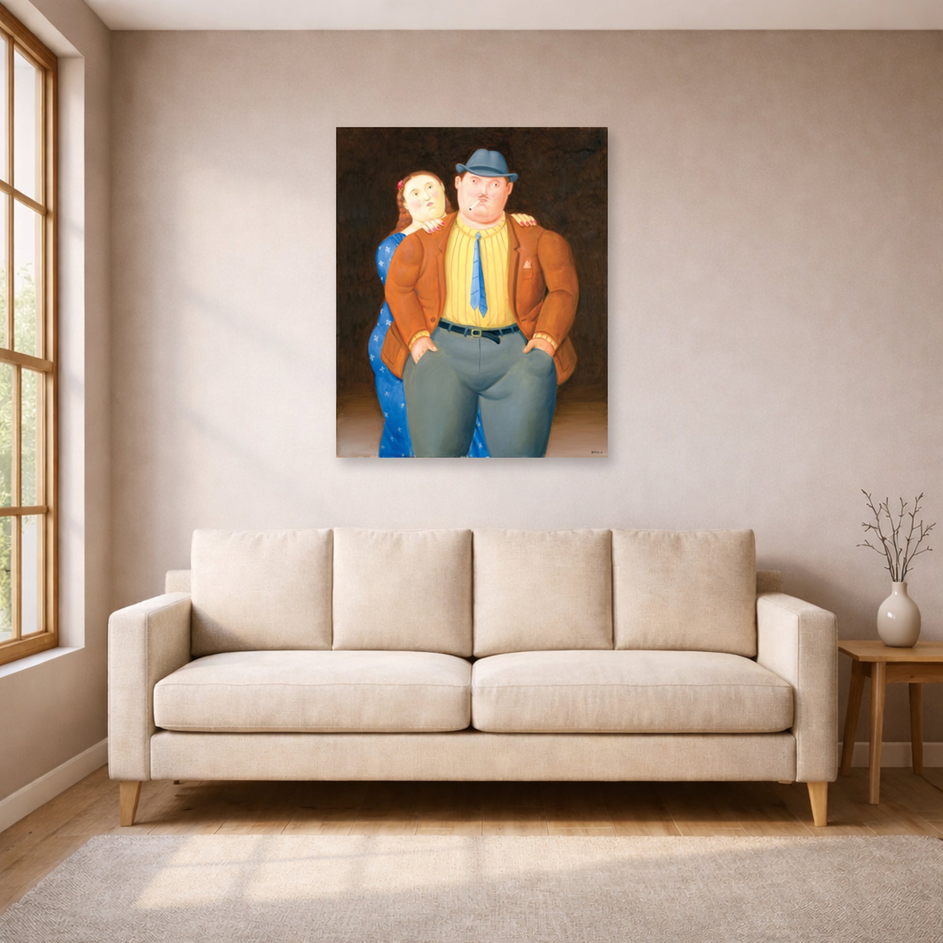 Unframed poster print of Fernando Botero's Man and Woman displayed on a wall in a living room