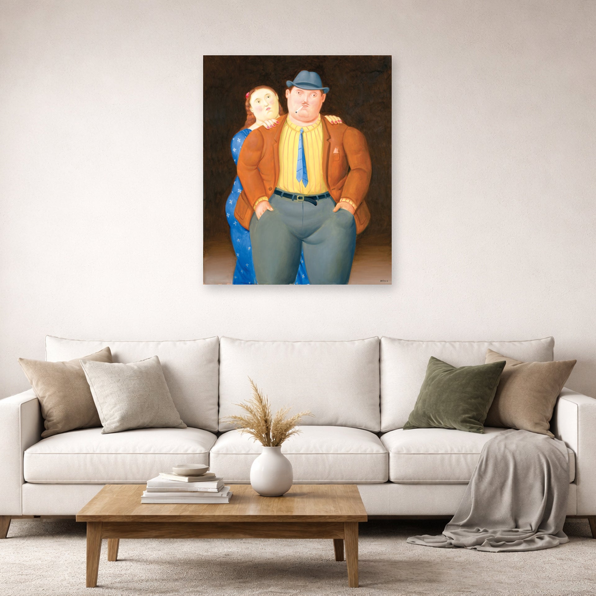 Unframed poster print of Fernando Botero's Man and Woman displayed on a wall in a living room