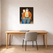 Unframed poster print of Fernando Botero's Man and Woman displayed on a wall in a home office