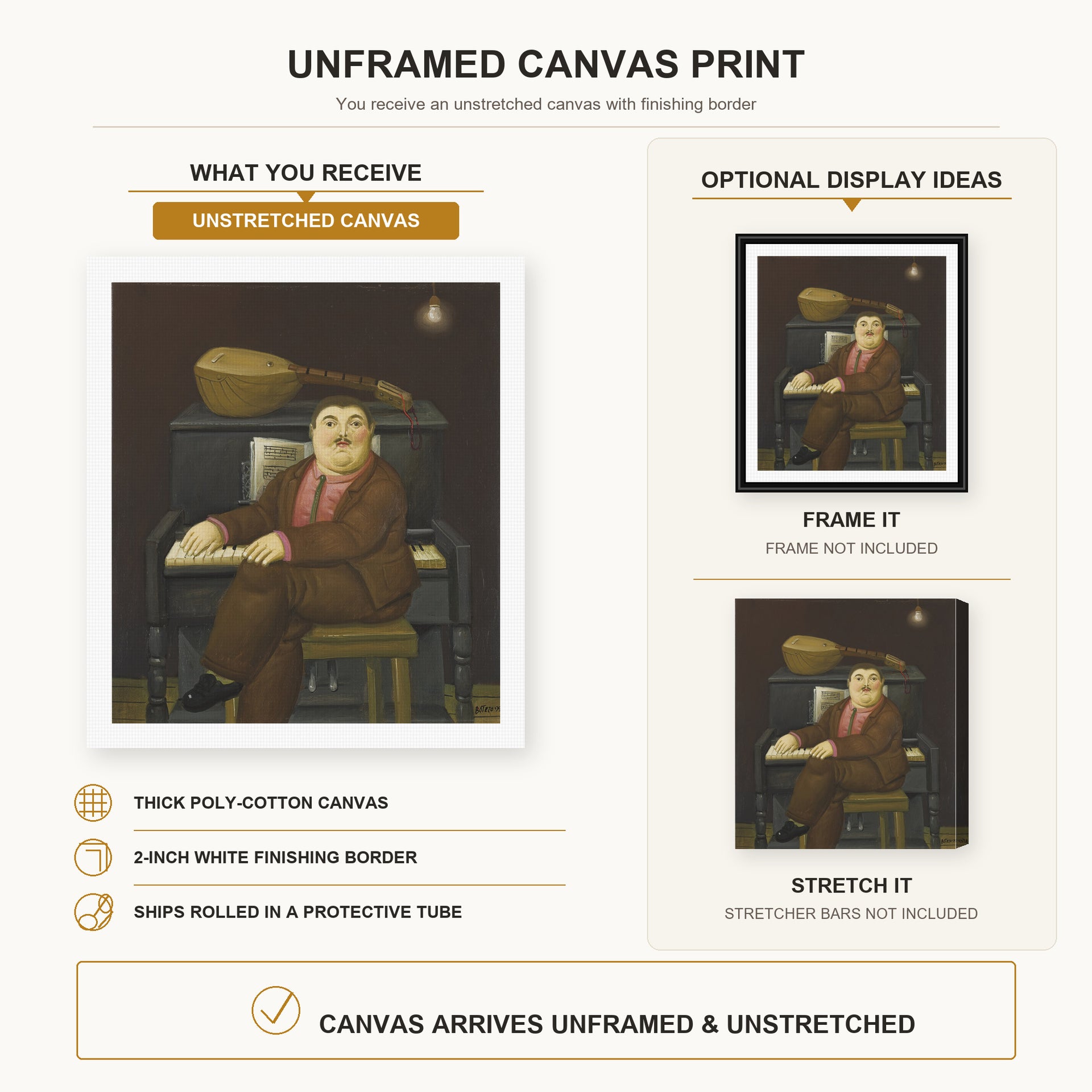 Fernando Botero - Man at the Piano canvas print size comparison and framing display infographic