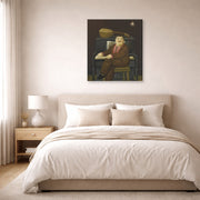 Gallery-wrapped canvas print of Fernando Botero's Man at the Piano displayed on a wall in a bedroom