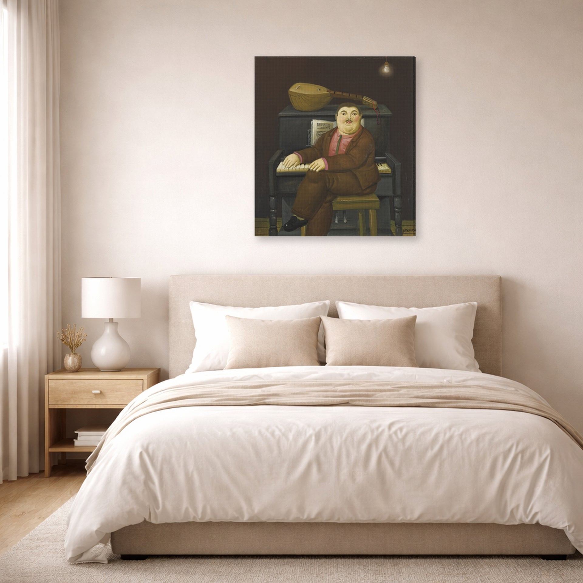 Gallery-wrapped canvas print of Fernando Botero's Man at the Piano displayed on a wall in a bedroom