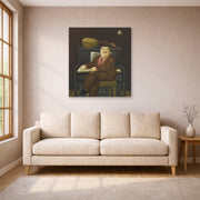 Gallery-wrapped canvas print of Fernando Botero's Man at the Piano displayed on a wall in a living room