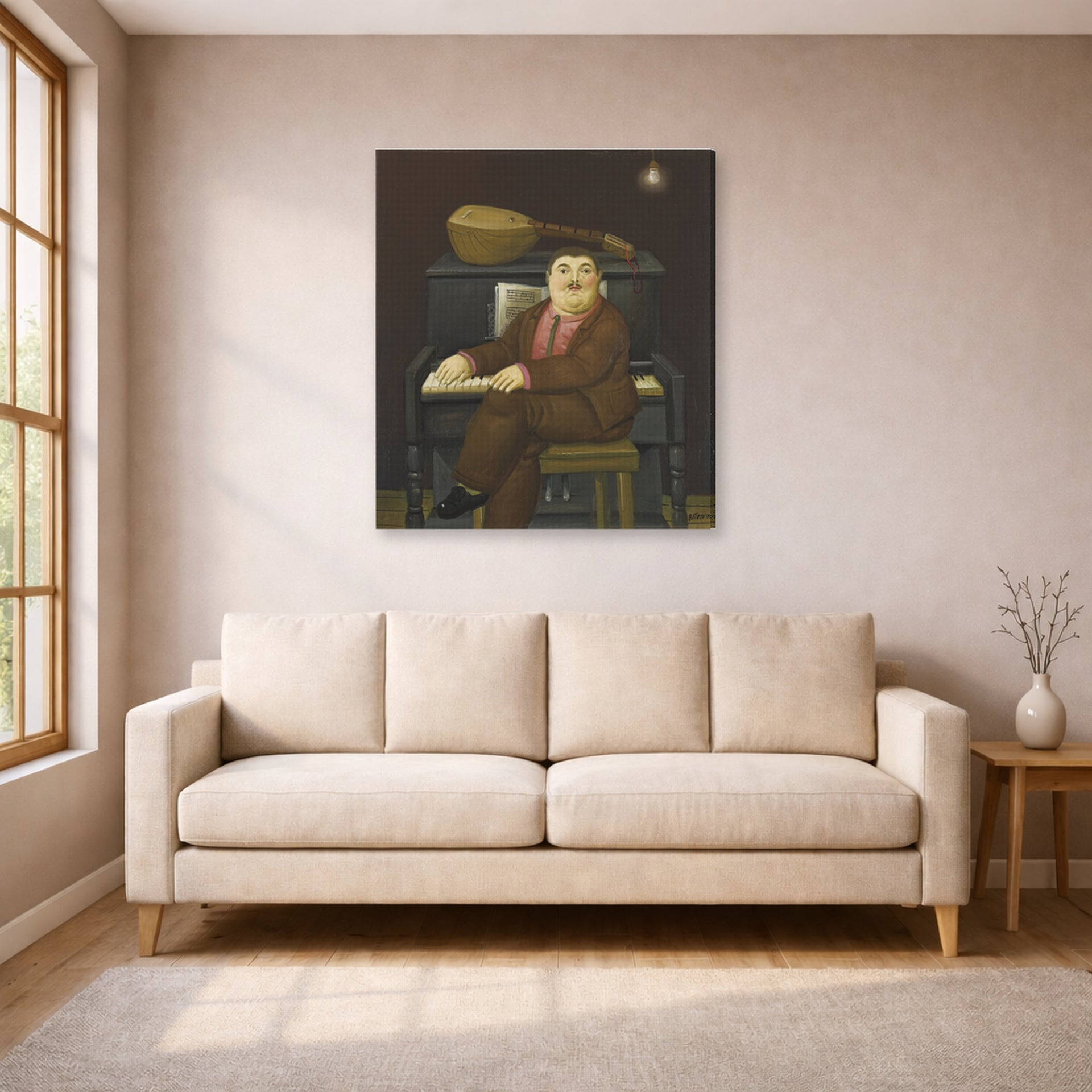 Gallery-wrapped canvas print of Fernando Botero's Man at the Piano displayed on a wall in a living room