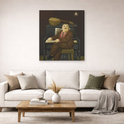 Gallery-wrapped canvas print of Fernando Botero's Man at the Piano displayed on a wall in a living room