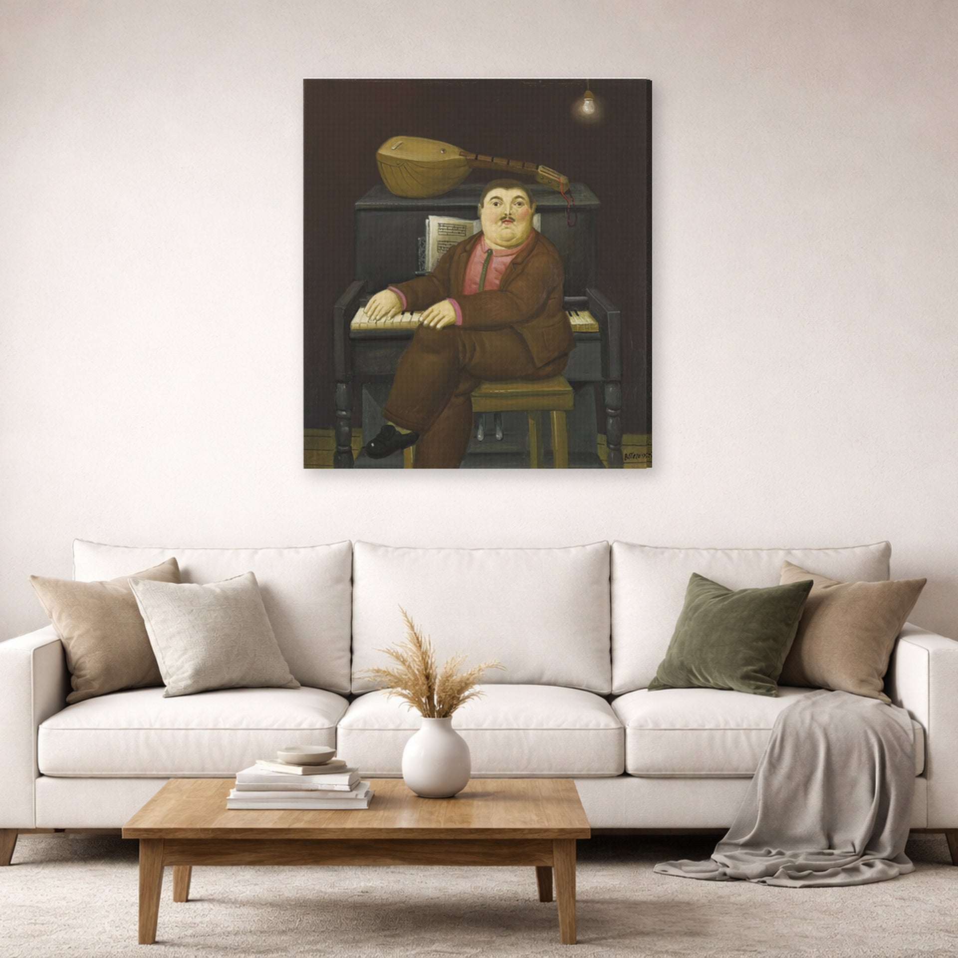 Gallery-wrapped canvas print of Fernando Botero's Man at the Piano displayed on a wall in a living room