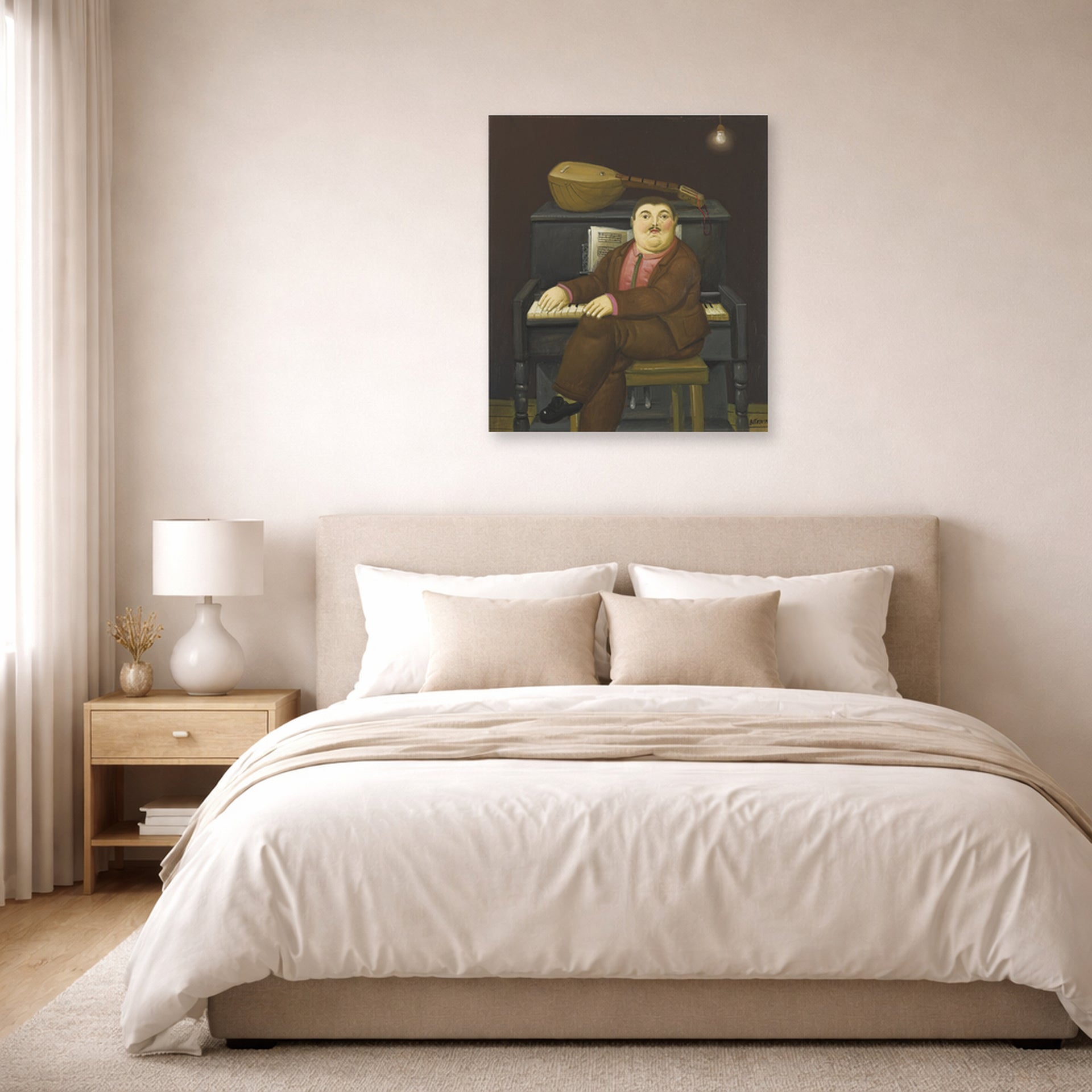 Unframed poster print of Fernando Botero's Man at the Piano displayed on a wall in a bedroom