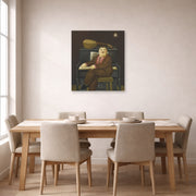 Unframed poster print of Fernando Botero's Man at the Piano displayed on a wall in a dining room