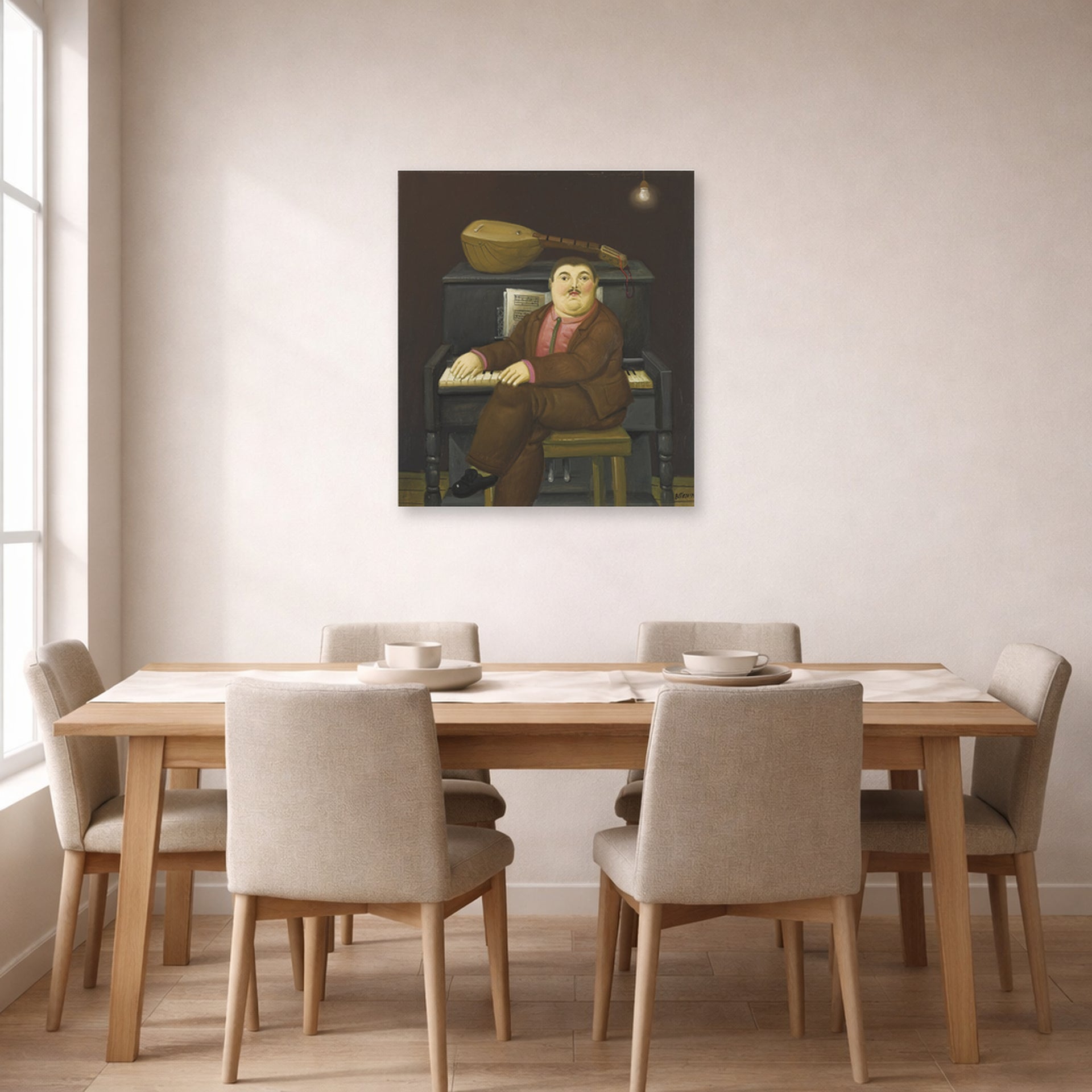 Unframed poster print of Fernando Botero's Man at the Piano displayed on a wall in a dining room