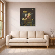 Unframed poster print of Fernando Botero's Man at the Piano displayed on a wall in a living room