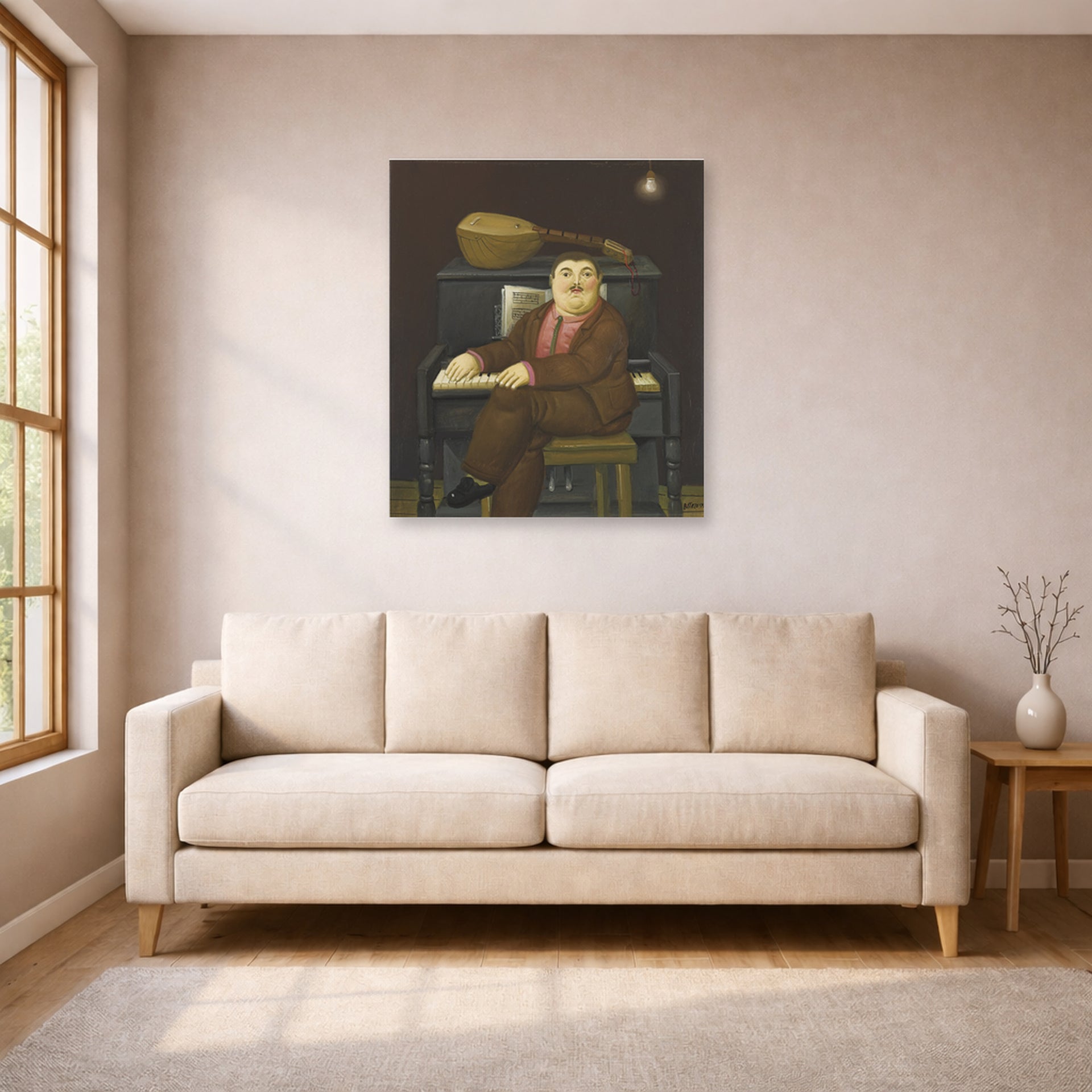 Unframed poster print of Fernando Botero's Man at the Piano displayed on a wall in a living room