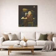 Unframed poster print of Fernando Botero's Man at the Piano displayed on a wall in a living room