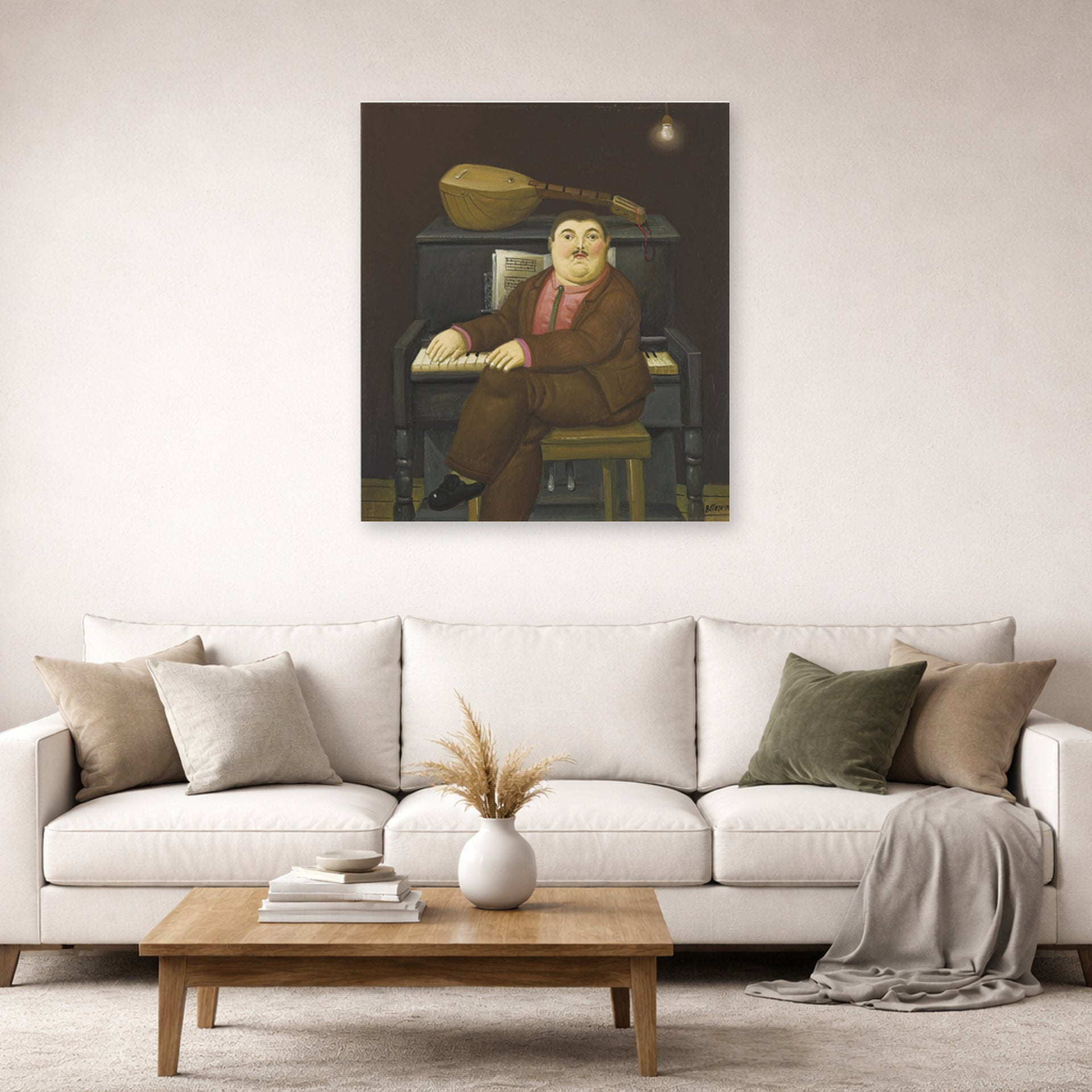 Unframed poster print of Fernando Botero's Man at the Piano displayed on a wall in a living room
