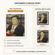 Fernando Botero - Mario Vargas Llosa canvas print size comparison and framing display infographic