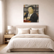 Gallery-wrapped canvas print of Fernando Botero's Mario Vargas Llosa displayed on a wall in a bedroom