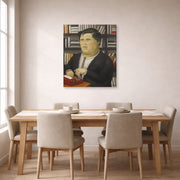 Gallery-wrapped canvas print of Fernando Botero's Mario Vargas Llosa displayed on a wall in a dining room