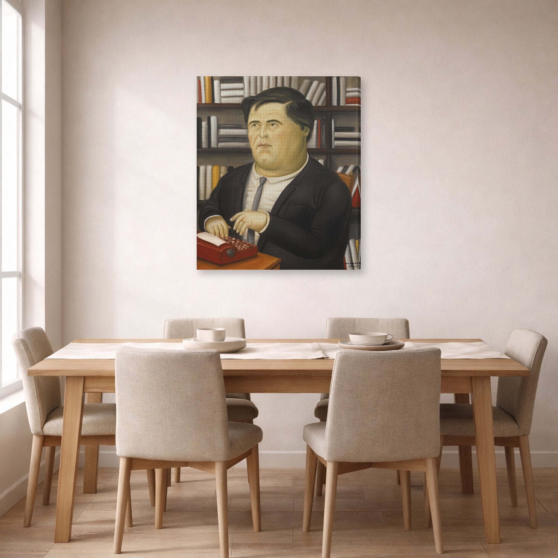Gallery-wrapped canvas print of Fernando Botero's Mario Vargas Llosa displayed on a wall in a dining room