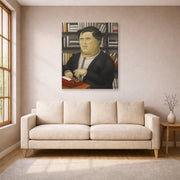 Gallery-wrapped canvas print of Fernando Botero's Mario Vargas Llosa displayed on a wall in a living room