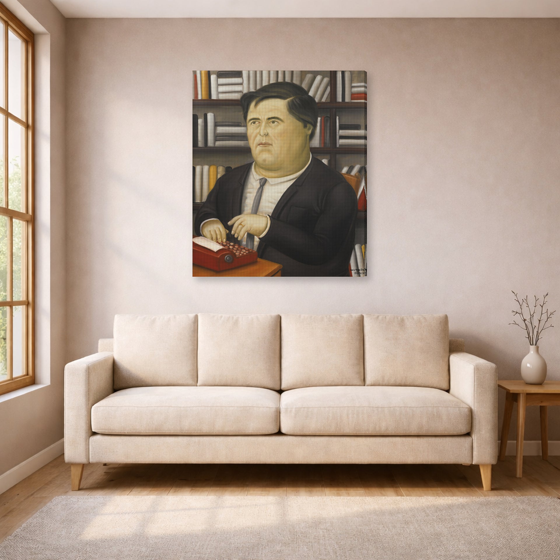 Gallery-wrapped canvas print of Fernando Botero's Mario Vargas Llosa displayed on a wall in a living room