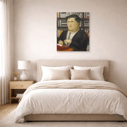 Unframed poster print of Fernando Botero's Mario Vargas Llosa displayed on a wall in a bedroom