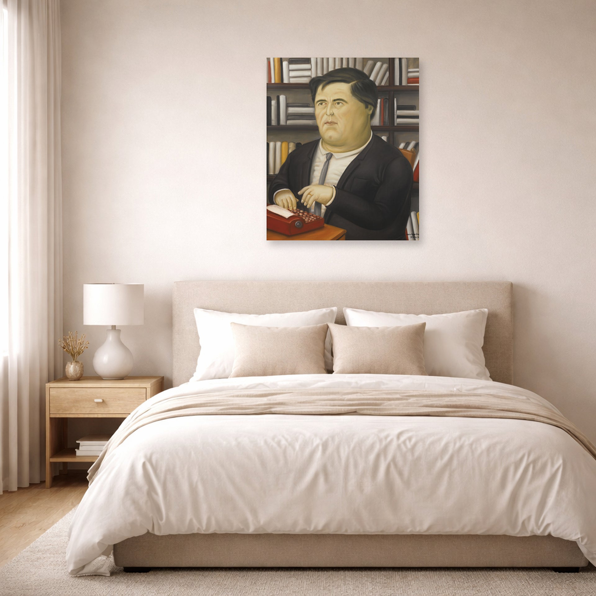 Unframed poster print of Fernando Botero's Mario Vargas Llosa displayed on a wall in a bedroom