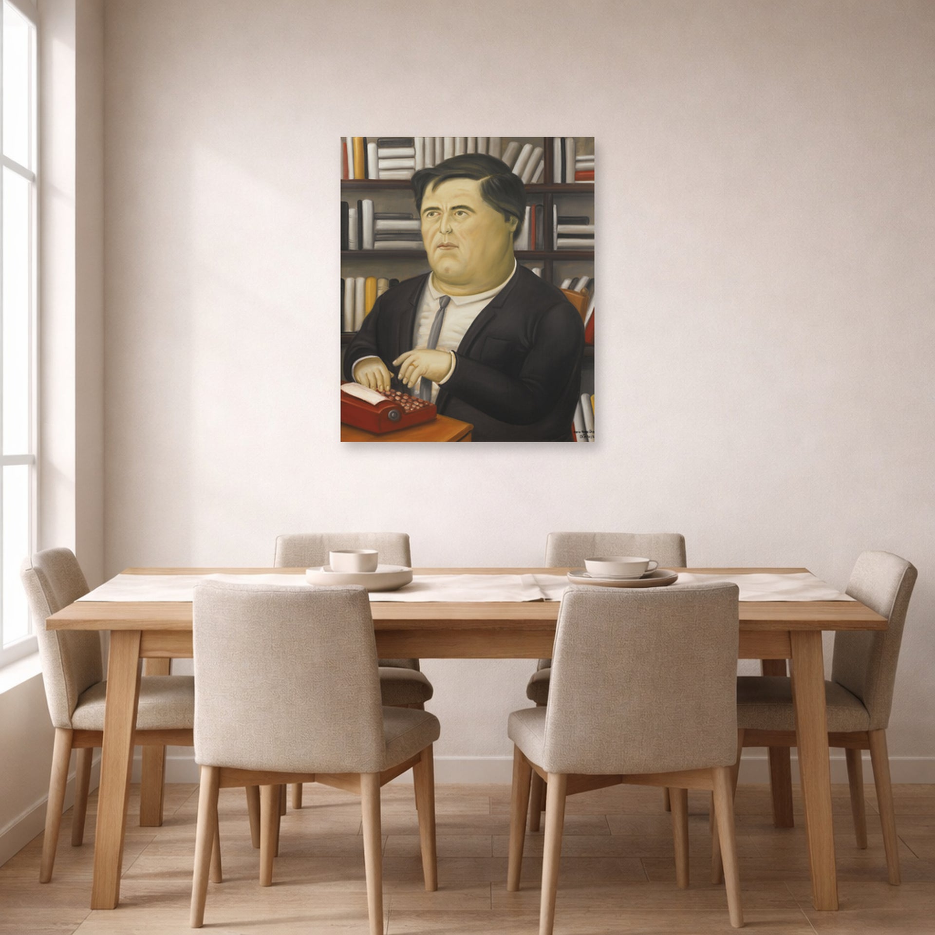Unframed poster print of Fernando Botero's Mario Vargas Llosa displayed on a wall in a dining room