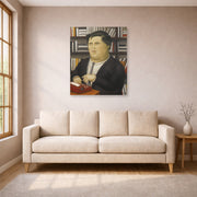 Unframed poster print of Fernando Botero's Mario Vargas Llosa displayed on a wall in a living room