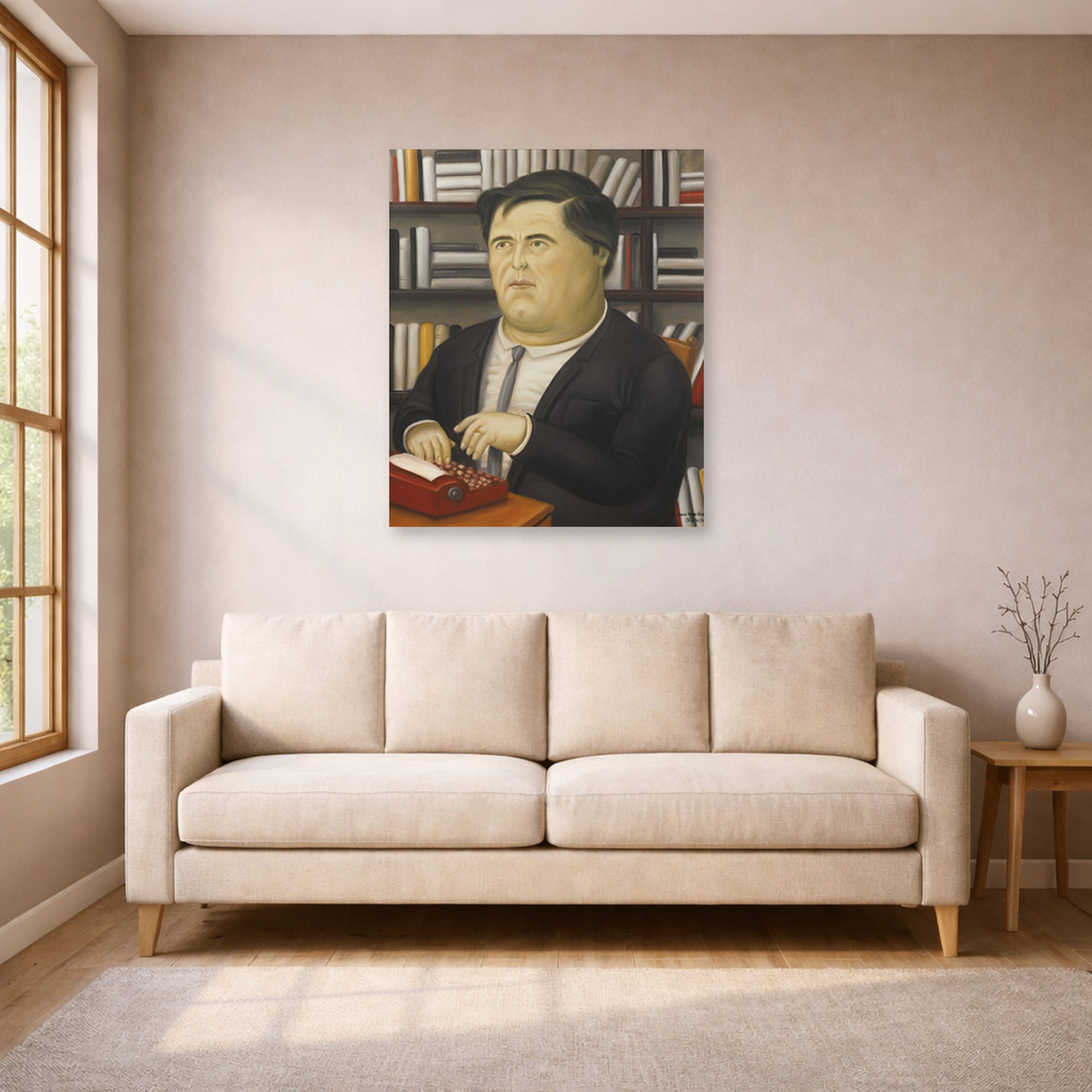 Unframed poster print of Fernando Botero's Mario Vargas Llosa displayed on a wall in a living room