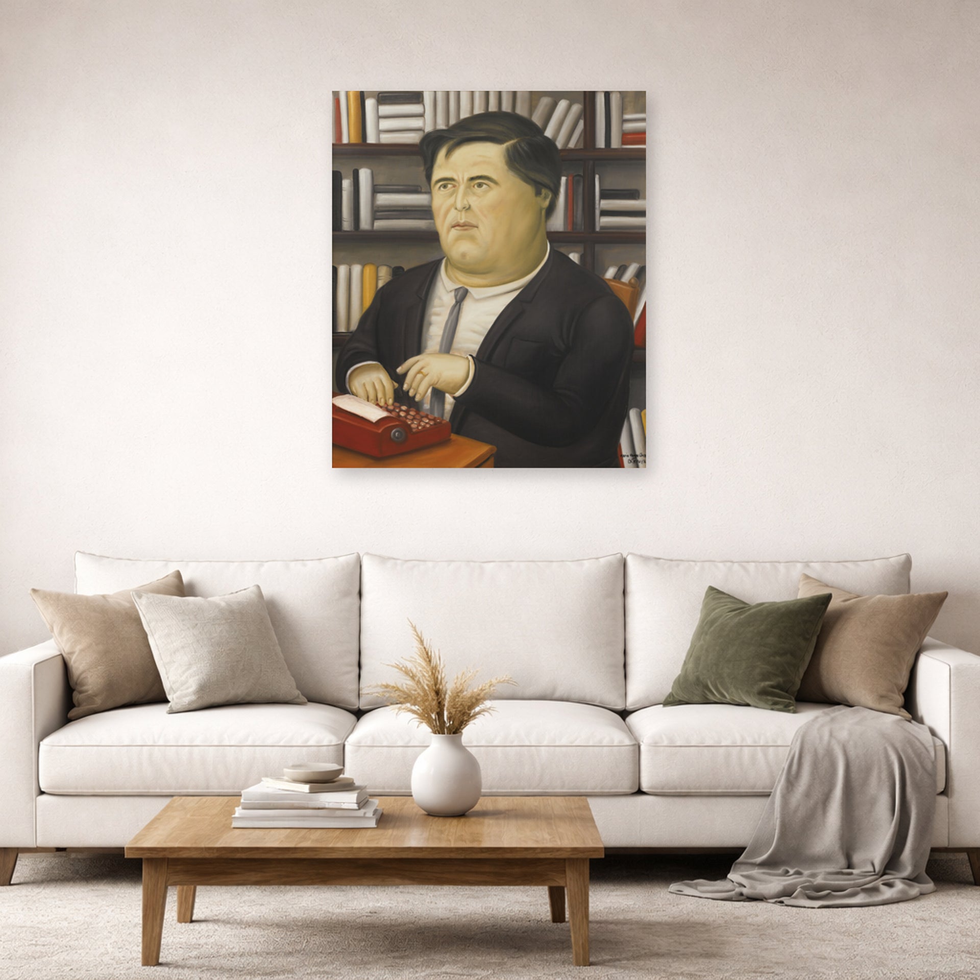 Unframed poster print of Fernando Botero's Mario Vargas Llosa displayed on a wall in a living room