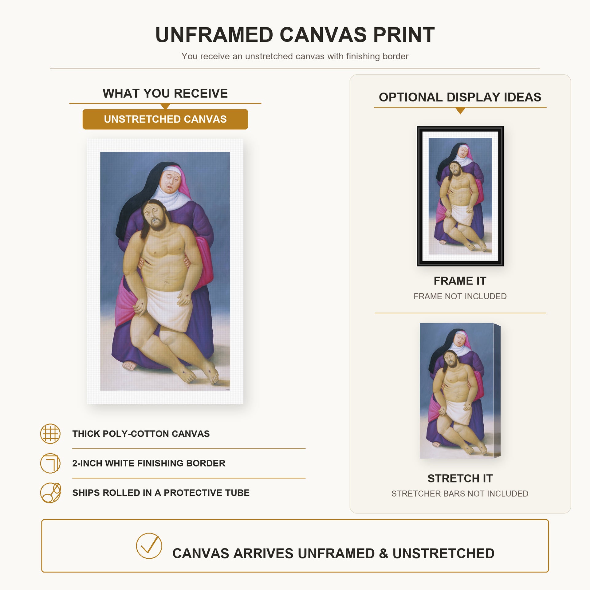 Fernando Botero - Mary and Dead Jesus canvas print size comparison and framing display infographic